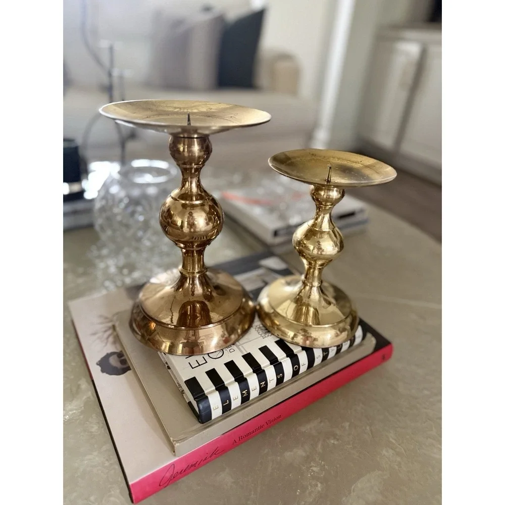 Vintage Solid Brass Bulb Pillar Candle Holders Pair Graduated Hollywood Regency